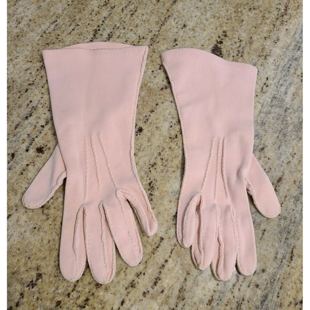 Vintage Pink Cotton 9.5" Formal Costume Gloves Size 6 Small. Stitching Accent